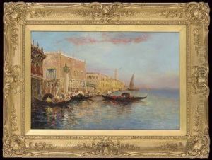 Gondolas In The Bacino Di San Marco, Venice by Felix Ziem