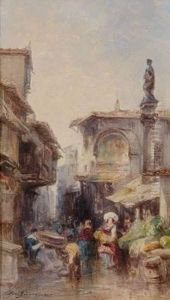 Rue Animee, Scene De Marche by Felix Ziem