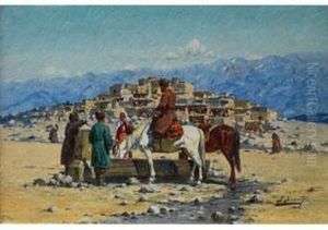 Reiter An Der Tranke Vor Stadtchen In Steppenlandschaft by Richard Karlovich Zommer