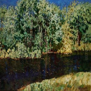 Windy Summer Day With Birches At A River