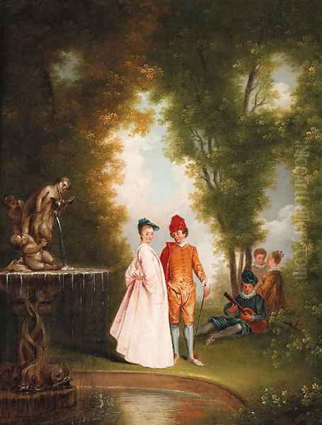 An elegant couple by a sculpted fountain - view 1