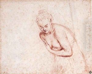 A female nude, half-length, in a shift leaning forward with her hands concealing her breasts by Jean-Antoine Watteau