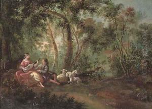 A wooded river landscape with a shepherd and shepherdess making music by Jean-Antoine Watteau