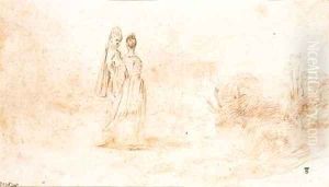 An elegant couple walking in an extensive landscape by Jean-Antoine Watteau