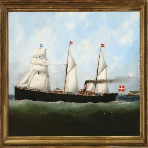Danish Barquentine Off The Coast Of Le Havre by Marie-Edouard Adam Of Le Havre
