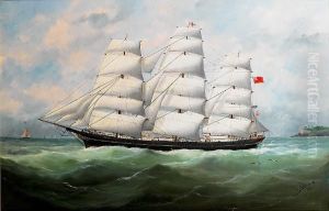 The Full-rigger 'king Ceolric' Running Down The Coast Under Full Sail by Marie-Edouard Adam Of Le Havre