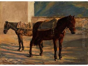 Zwei Gesattelte Pferde Vor Einem Mauerstuck by Richard Benno Adam