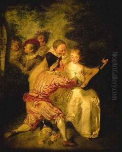 Le Conteur Artists from the Commedia dell'Arte in a landscape by Jean-Antoine Watteau