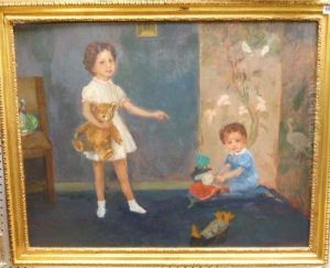Two Clidren Playing With Toys In A Nursery by Sydney Adamson