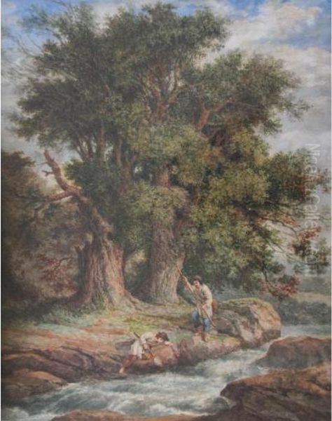 Wooded Landscape With Two Boys Fishing In A Stream - view 1