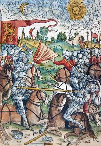 The battle of Gibeon and the sun and moon standing still at the request of Joshua, from Le tresor, ou recipient de la vraie richesse du salut de la beatitude eternelle by Koberger, published in Nuernberg, 1491 - view 1
