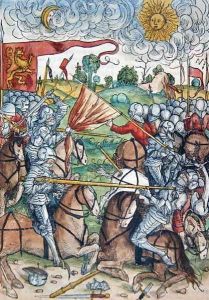 The battle of Gibeon and the sun and moon standing still at the request of Joshua, from Le tresor, ou recipient de la vraie richesse du salut de la beatitude eternelle by Koberger, published in Nuernberg, 1491 by Michael Wolgemut