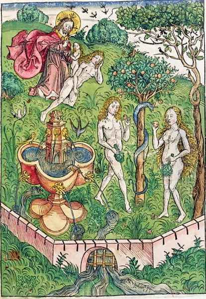 The Creation and the Temptation of Adam and Eve, from Le tresor, ou recipient de la vraie richesse du salut de la beatitude eternelle by Koberger, published in Nuernberg, 1491 - view 1