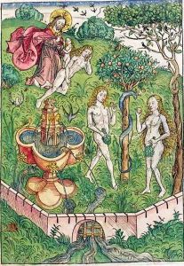The Creation and the Temptation of Adam and Eve, from Le tresor, ou recipient de la vraie richesse du salut de la beatitude eternelle by Koberger, published in Nuernberg, 1491 by Michael Wolgemut