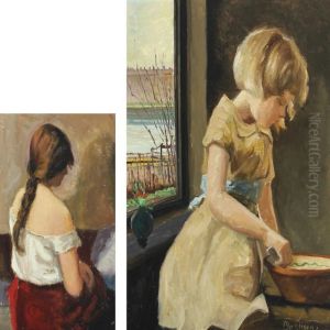 A Girl By Window And Portrait Of A Woman by Christian Aigens