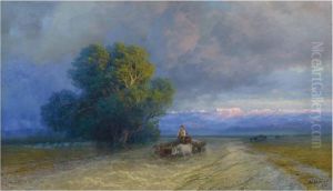 Ox Cart Crossing A Flooded Plain