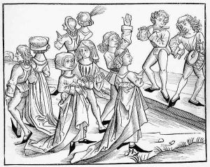 Dancers on Christmas Night punished for their impiety, after a woodcut from Liber Chronicarum Mundi, published Nuremburg, 1493 by Michael Wolgemut