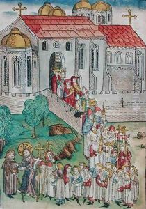 Pilgrim of Santiago de Compostela and procession, 1491 Pilgrim of Santiago de Compostela and procession, 1491