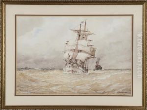 Ships At Sea With Grey Sky by Frederick James Aldridge