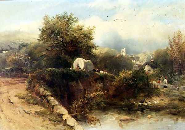 A covered waggon crossing a bridge with a village beyond - view 1