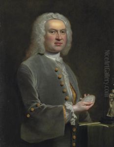 Portrait Of A Sculptor, 
Half-length, In A Grey Coat With Gold Buttons And A Lace Shirt, Holding A
 Medallion