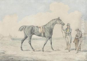A Racehorse With A Handler And Jockey