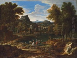 An Extensive Classical Landscape
 With Figures Unloading A Boat On A River, A Flock Of Sheep, A Villa And
 Hills Beyond