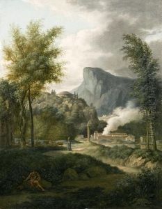 Paesaggio Boschivo Con Astanti E Borgo In Lontananza