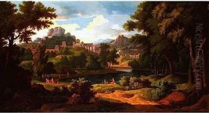 Paysage De Riviere Classique Anime De Promeneurs