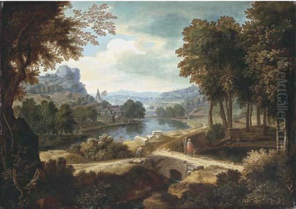 An Extensive River Landscape With Peasants On A Path - view 1