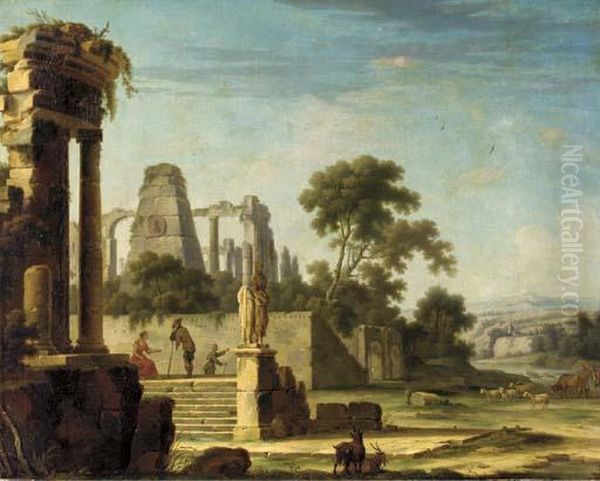 An Italianate Landscape With Architectural Ruins And Figures - view 1
