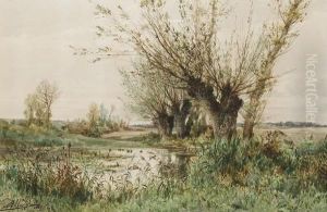 Une Mare Bordee D'arbres Et De Roseaux by Auguste Allonge
