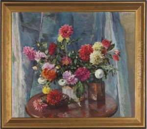 Still Life Of Dahlias In A Vase On A Table
