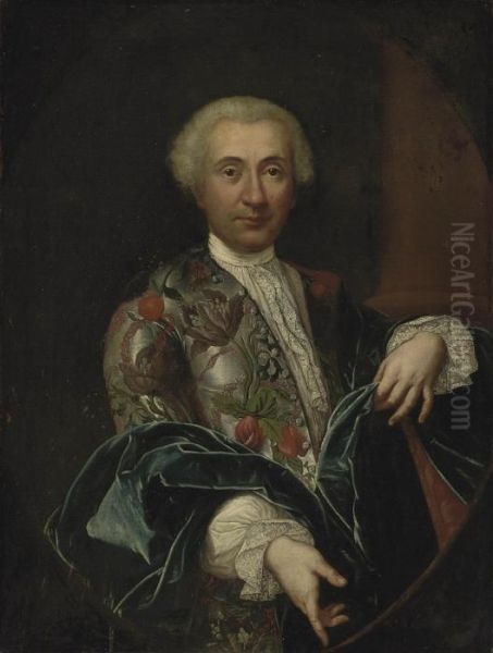 Portrait Of A Gentleman,
Half-length, In A Grey Silk Jacket, Richly Embroidered With Flowers,
Lace Collar And Cuffs, And A Blue Wrap, Feigned Oval - view 1