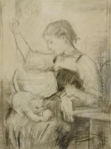Madchen Mit Einer Katze Spielend by Albert Anker