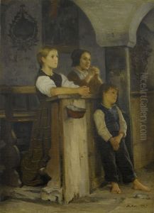 Betende Im Beinhaus Von Stans by Albert Anker