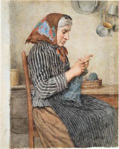 Eine Bauerin Aus Ins Beim Stricken In Der Kuche by Albert Anker