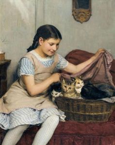 Madchen Mit Katzen by Albert Anker
