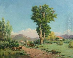 Paisaje Con Rebano. by Agusti Antiga Monner