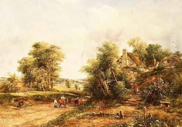 Summer landscape at eventide with drovers and cattle - view 1