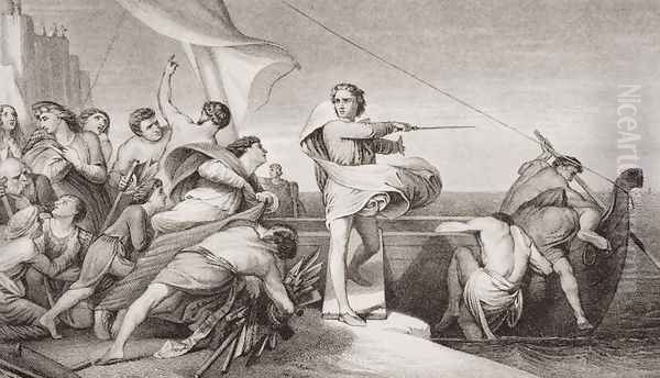 King Alfred inciting the Anglo-Saxons to repel the invasion of the Danes in AD 876, from 'Illustrations of English and Scottish History' Volume I - view 1