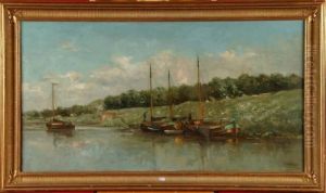 Bateaux De Peche Sur Le Canal by Louis Artan De Saint-Martin