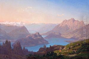 Veduta Del Lago Di Como Al Tramonto Con Contadina Veduta Del Lago Di Como Al Tramonto Con Contadina