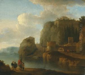 A Rocky River Landscape With Travellers In The Foreground And Ships Beyond by Jan Asselyn