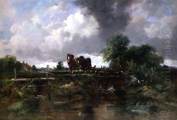 Wooded river landscape with horses working a lock - view 1