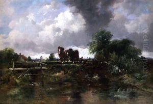 Wooded river landscape with horses working a lock by George Frederick Watts