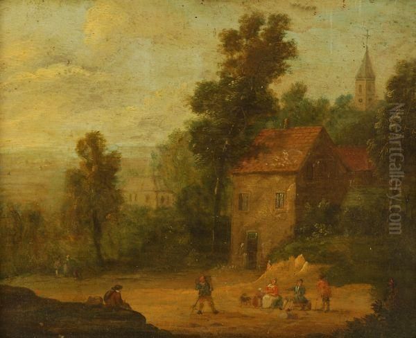 Figures Resting By A Village - view 1