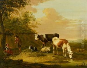 Shepherds With Cattle On The Pasture by Hendrikus van den Sande Bakhuyzen
