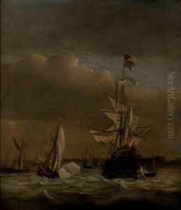 A Dutch Man-o'-war & Other Vessels In An Estuary by Ludolf Backhuysen