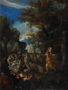 Moses Breaks The Tablets Of The 
Law After Coming Down Mount Sinai Finding The Children Of Israel 
Worshipping The Golden Calf And Rejoicing In The Spring Issuing From 
Rocks At An Encampment